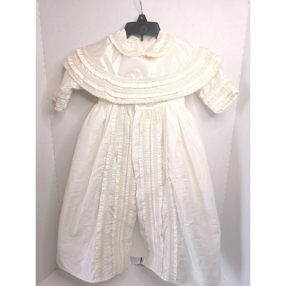 100% Silk Ivory Christening Gown Romper Lace Trim Baptismal Outfit Capelet SZ 2?